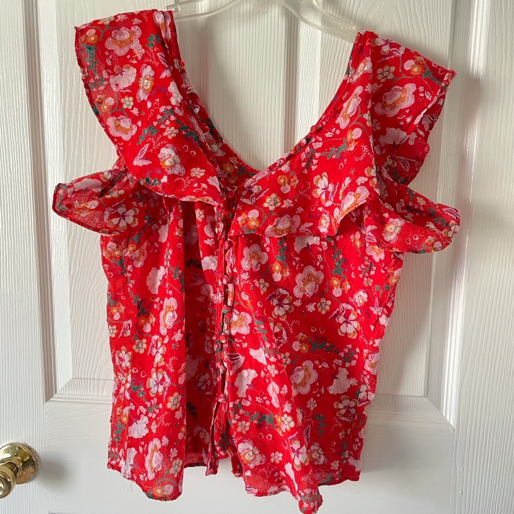 Q&A red light weight flowing blouse sexy fun 100% cotton buttons short sleeve